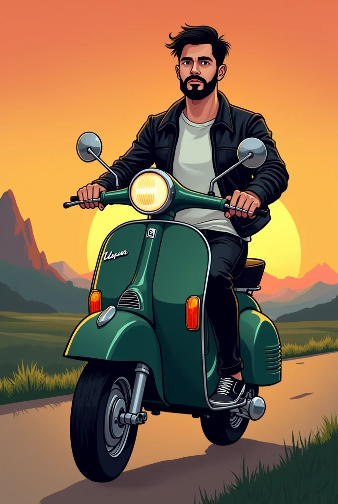 Image of a cartoon-type boy on a classic dark green matte Vespa motorbike, the boy has a full black beard , thin eyebrows, black eyes, short black hair short straight, square face, the photo in a background landscape with a sunset, Biker photo type the guy with a leather jacket and a white t-shirt inside, The black leather jacket half open revealing the t-shirt, black jeans and vans style shoes , the thin boy. He has black rings on both ring fingers of his hands.. With a vintage helmet of the same color as the motorcycle