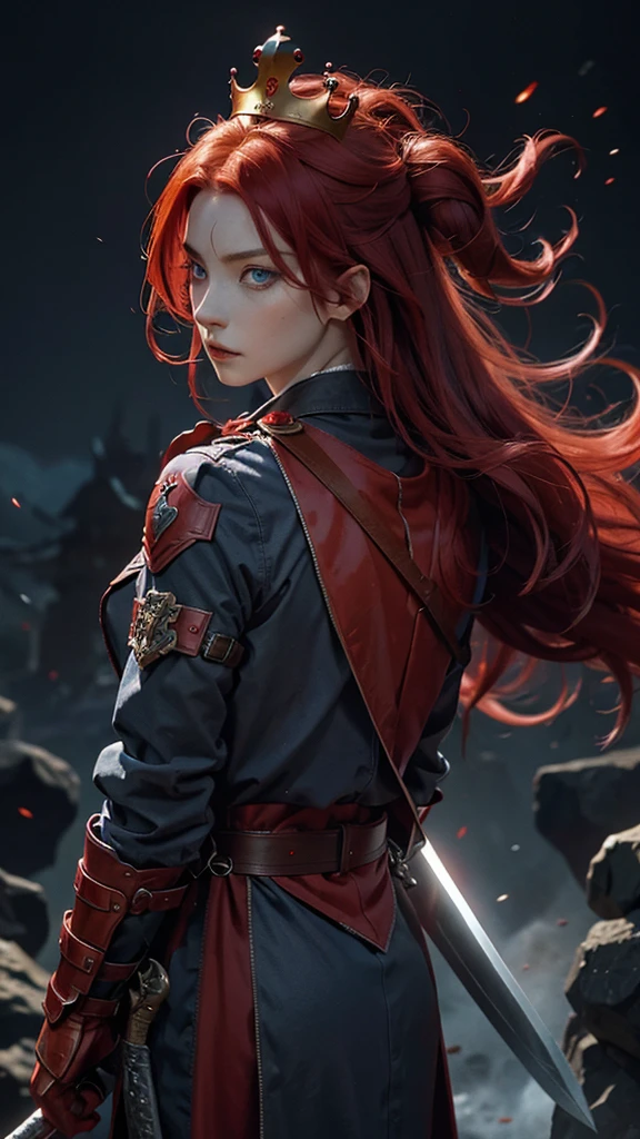 demon boy, with blue eyes, red hair color, Her skin is like volcanic magman, wearing a long trench coat and a mail breastplate, On his back he carries a sword, Their giants have iron beaks, and on his head a crown that worthy of being the supreme king