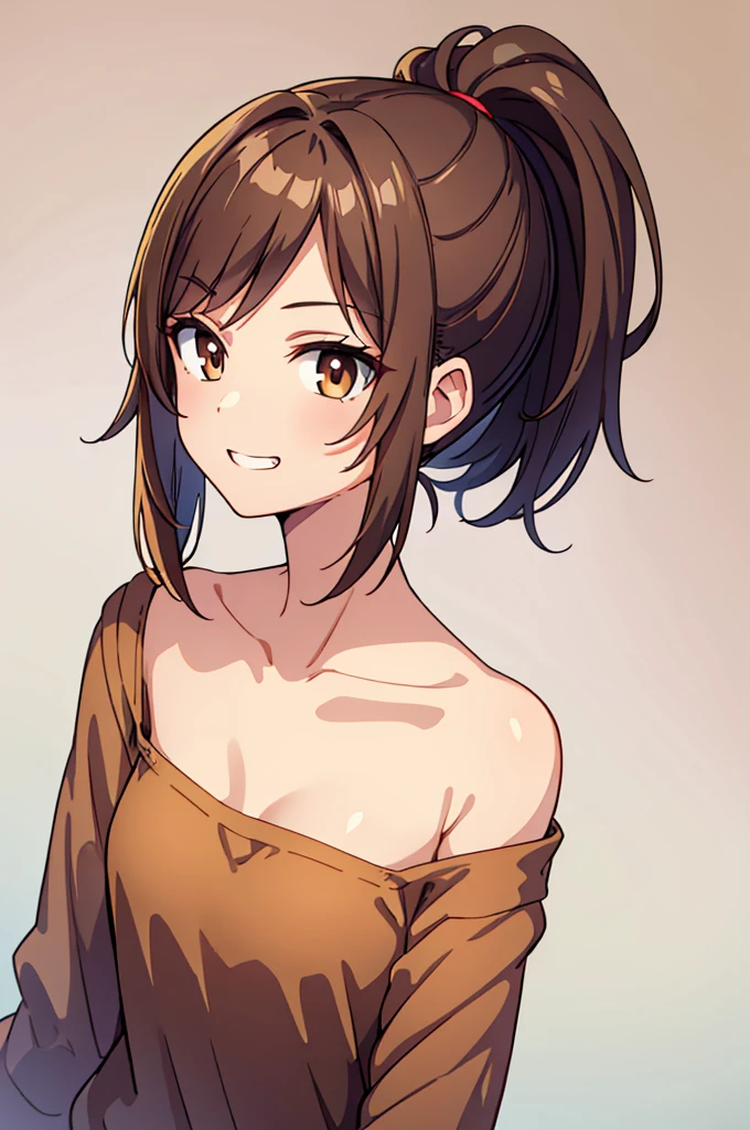 emale , ponytail, face, brown hair, brown eyes, collarbone,small breasts,brown eyes, no background,solo, grin, Loungewear, dynamic angle, masterpiece, best quality, high quality, detailed, high resolution , perfect hands,