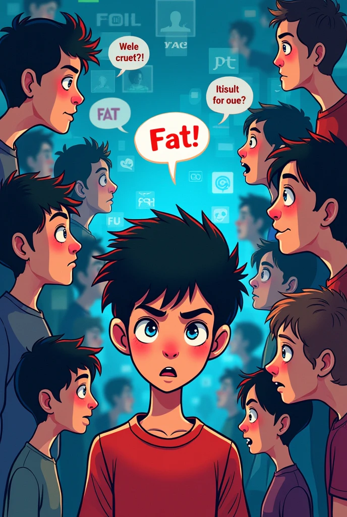 cyber bullying poster drawing cartoon and more people hating on one person making fun of him saying fat and ugly on social media