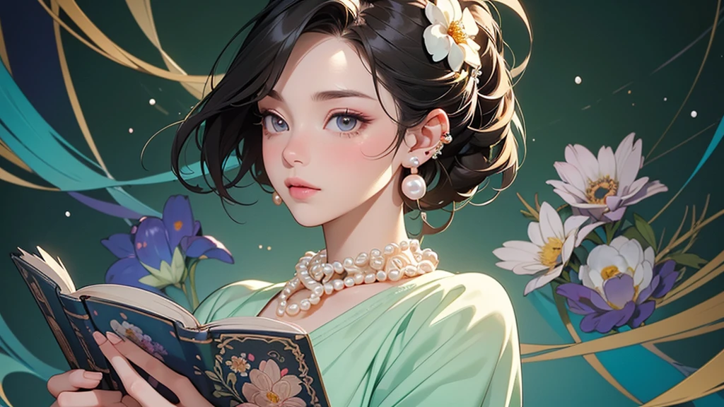 32K, 最高quality, 最高masterpiece, (ultra-Detailed Background, Detailed Background), High resolution, Super detailed, Very detailedな, 1 personの, (bouquet:1.3), (Tangled:1.2), (Geometric:1.2),(colorful),(masterpiece, quality, best quality, Official Art, Beautiful and beautiful:1.2), (1 person:1.3), Very detailed,(colorful:1.1)(Flowers:1.3),Most detailed,(Tangled:1.2), whole body, (Abstract background:1.3), (Skin glows), (Many colors:1.4), ,(Earrings Pearl:1.5), Light green background, It's imaginative., Brunette Hair, Updo, Holding a book, Holding a pen, Satin shirt