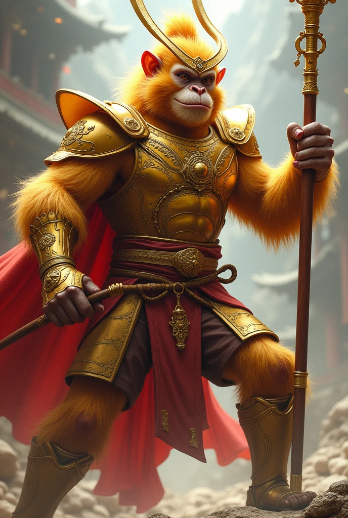 Sun wukong, a muscular man with monkey face, golden fur, in golden full-body chinese armor, two antenna-like plumes headdress, wielding a long metal bo stick with gold on two edges, red flowing cape, dynamic pose