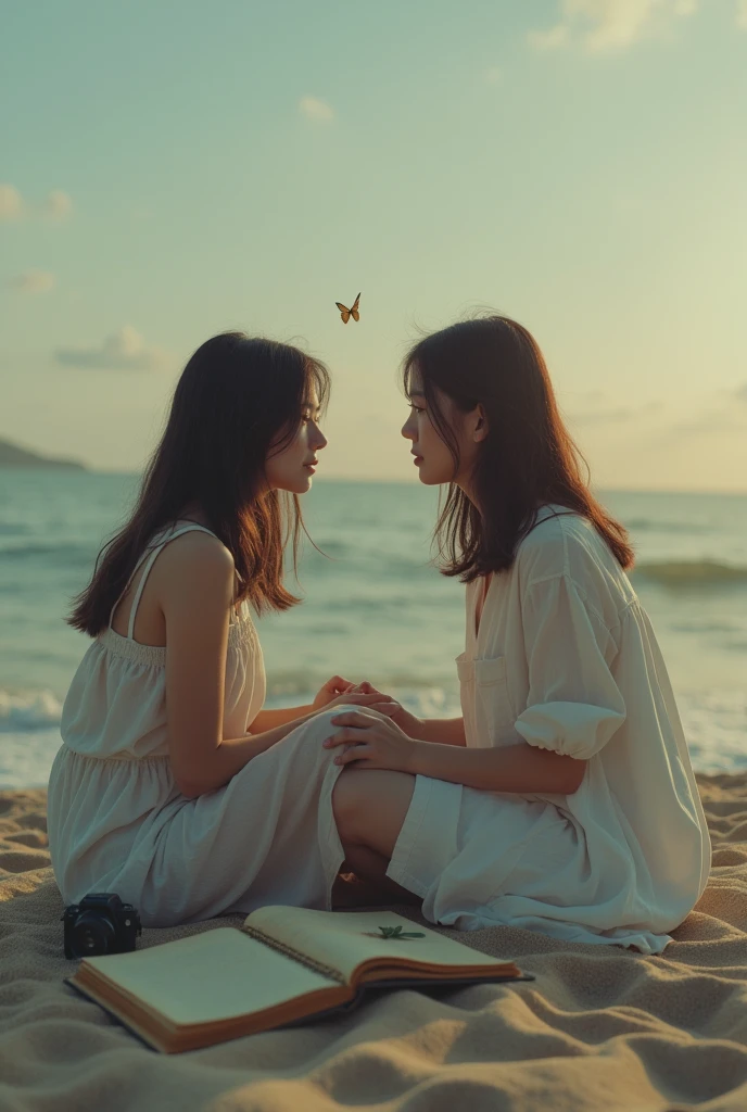 cinematic poster about therapy girl and anxiety boy at beach. the guy take photos of the girl. and put some memories object