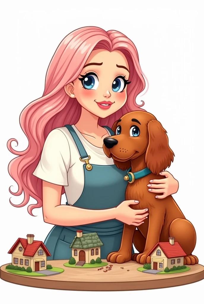 draw basic style, vector line art. Create avatar of curvy craftswoman girl, very beautiful upper body. Long light pink hair, blue eyes, wide smile, white t-shirt with apron. She is hugged with a charming red irish setter dog. in the table, working with mini houses dioramas. Specific art, fanart, candy color, white background, clipart illustration, simple art, cartoon 2D, no shading, PNG, front view