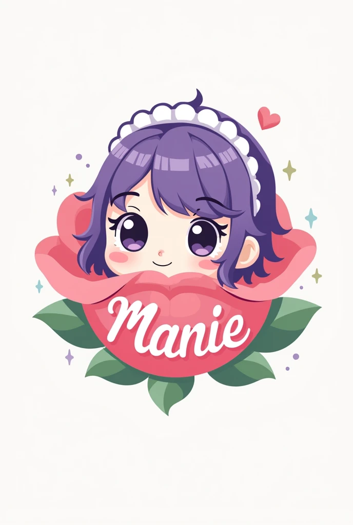 Create an isologo with the face of a purple-haired maid in a chibi Kawai cartoon style surrounded by the name in the Rose that has flat colors, without light and shadow