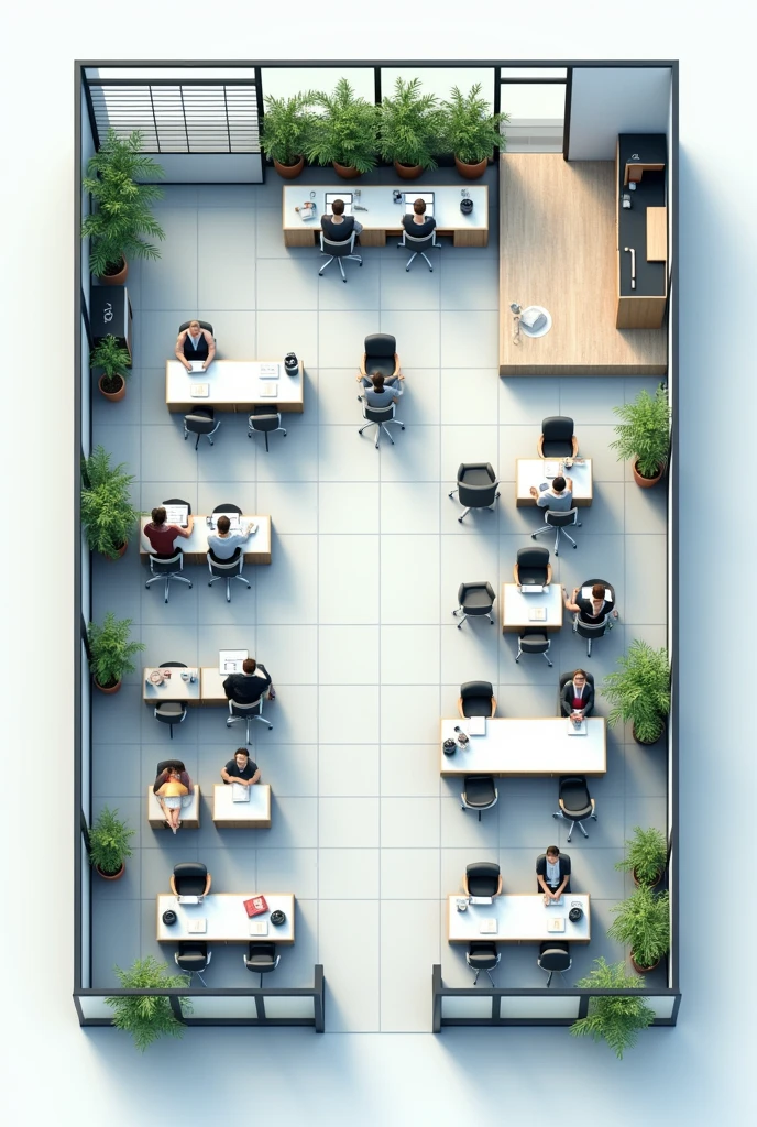 Create a mockup image of a two-tier company with a manager, receptionist, Secretary, accounting, auxiliar de accounting, waiting room, audit, employee canteen, bathrooms and parking