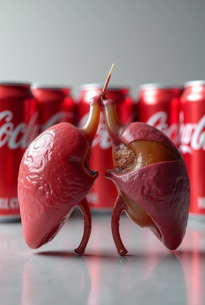 "A visual comparison of a healthy liver and a liver with fatty deposits, with Coca-Cola cans in the background."