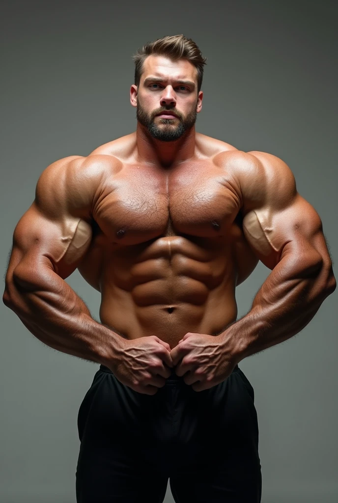 A very muscular gym worker man showing his triceps,