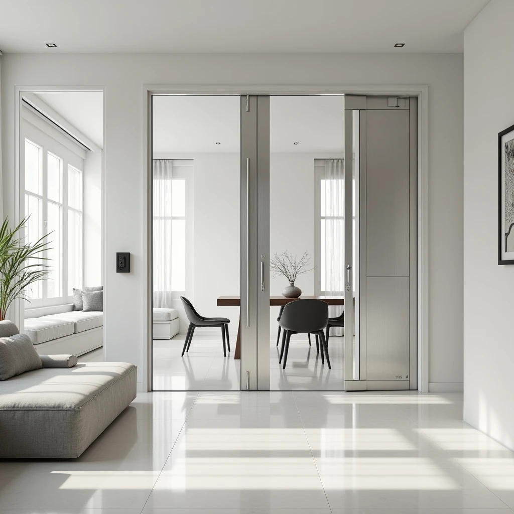 Artistic photographic image of a double-hinged door that divides a modern white living room from a dining room, featuring a style inspired by Le Corbusier, using modern materials. The door should emphasize clean, geometric lines and functional design, reflecting Le Corbusier's principles. Modern materials like sleek glass, brushed metal, and polished concrete should be used to enhance the door's contemporary feel. The setting should be a minimalist interior, showcasing a harmonious blend of classic modernist aesthetics with a modern touch, complementing the door's sophisticated design.