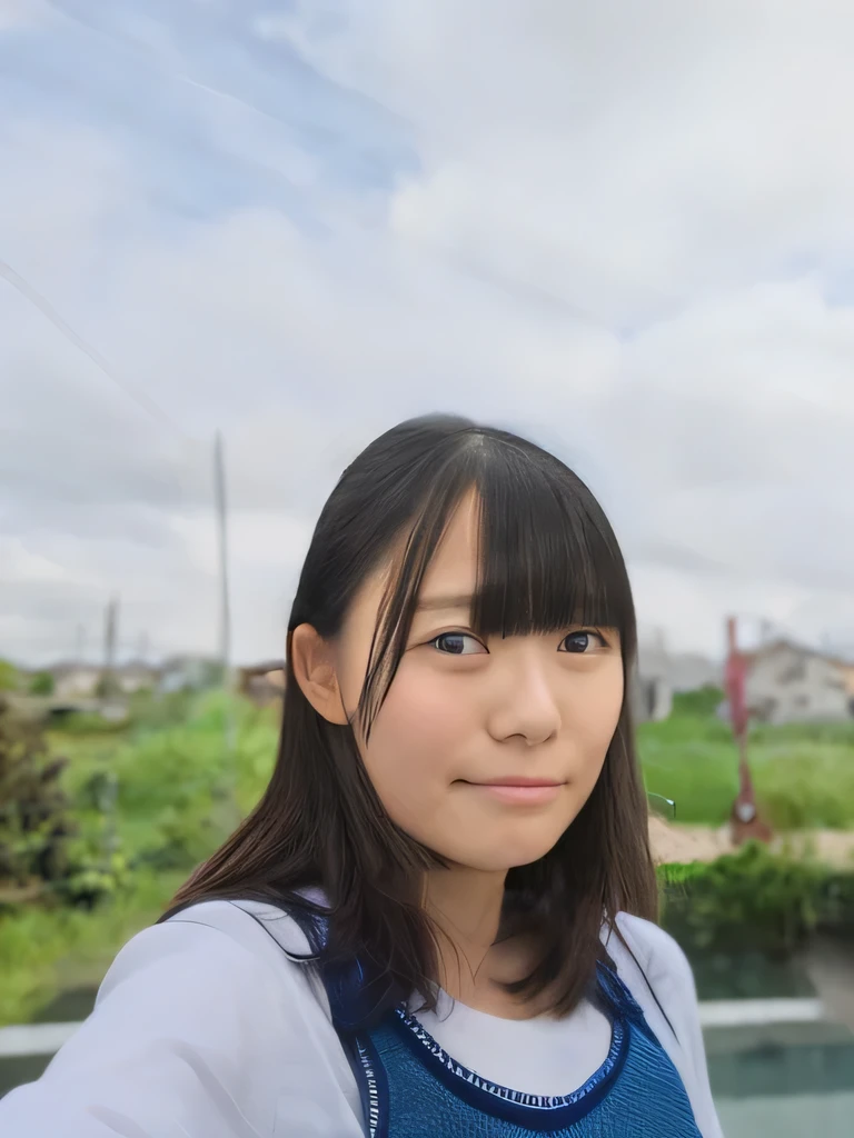 Super detailed,Highest quality,1 female,,Turn slightly to the side and look at me,She is wearing a blue camisole over a white T-shirt.,Posing for a photo,The background is blurred