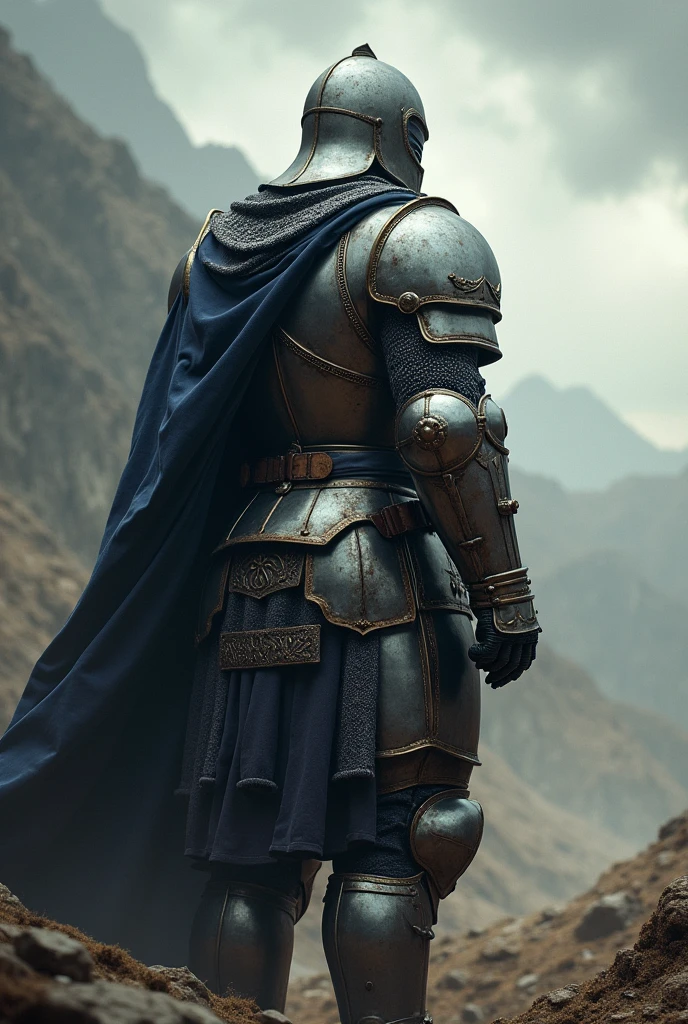 Medieval warrior with his back turned and turning his head (He is wearing a helmet that covers his entire face) On the right, full body image