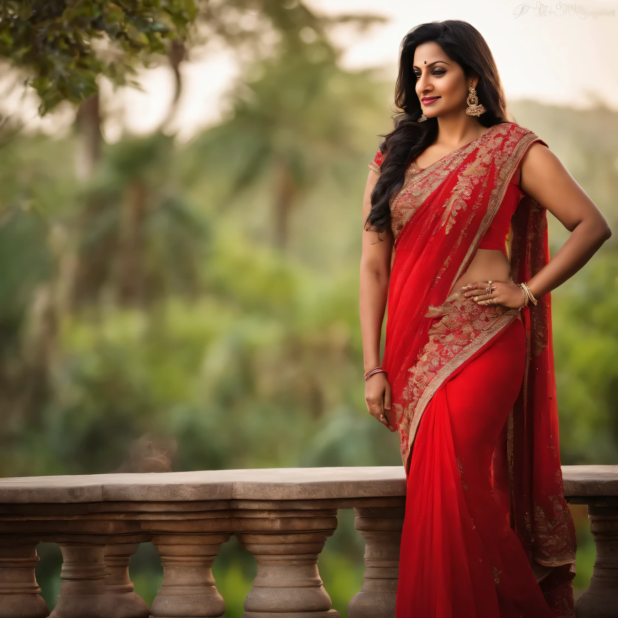 Indian woman age around 40-45,Wearing a red saree,With a curvy figure and hourglass shaped