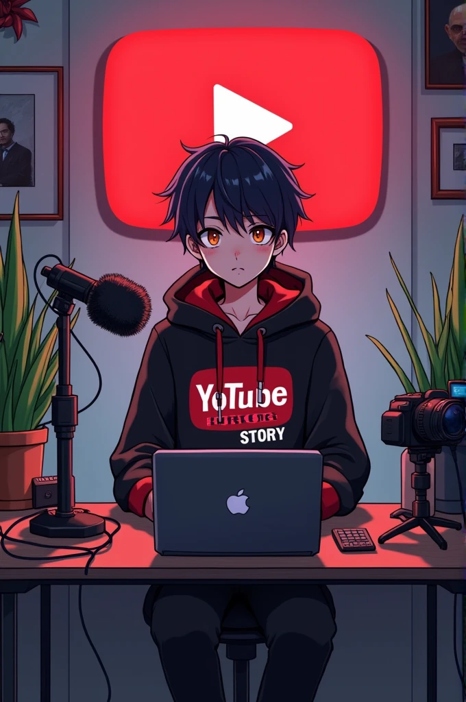 Create a image of "A 18 years anime boy sitting in front of a computer desk with a microphone and laptop, wearing black and red hoodie with the Channel Name on it "yt horror story". The background includes a large YouTube logo on the wall, potted plants on either side, and various recording equipment."