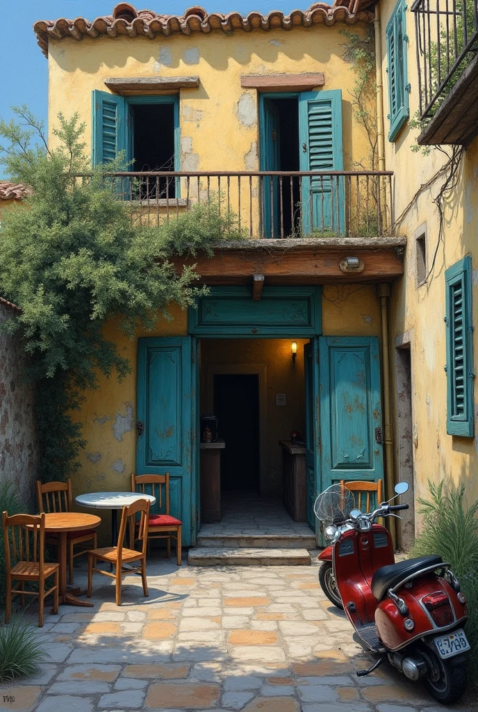 ultra detailed masterpiece, sharp focus, (art painting: 1.37), aging details, extremely fine cracks, intricate details, vivid colors, intense colors, deep contrast, shallow depth of field (image that applies the thick strokes, techniques and colors used by vincent van gogh in his painting A summer evening in the city), front of an abandoned cafe with chairs on its terrace and a light pointing to the front door, ((Ruined motorcycle, abandoned bicycles)), quiet, minimalist, mediterranean setting, spiderweb, dusty, disturbing silence, crumbling walls, rust, overgrown vegetation, remnants of past activities, dark space, broken window, calm colors, mysterious atmosphere