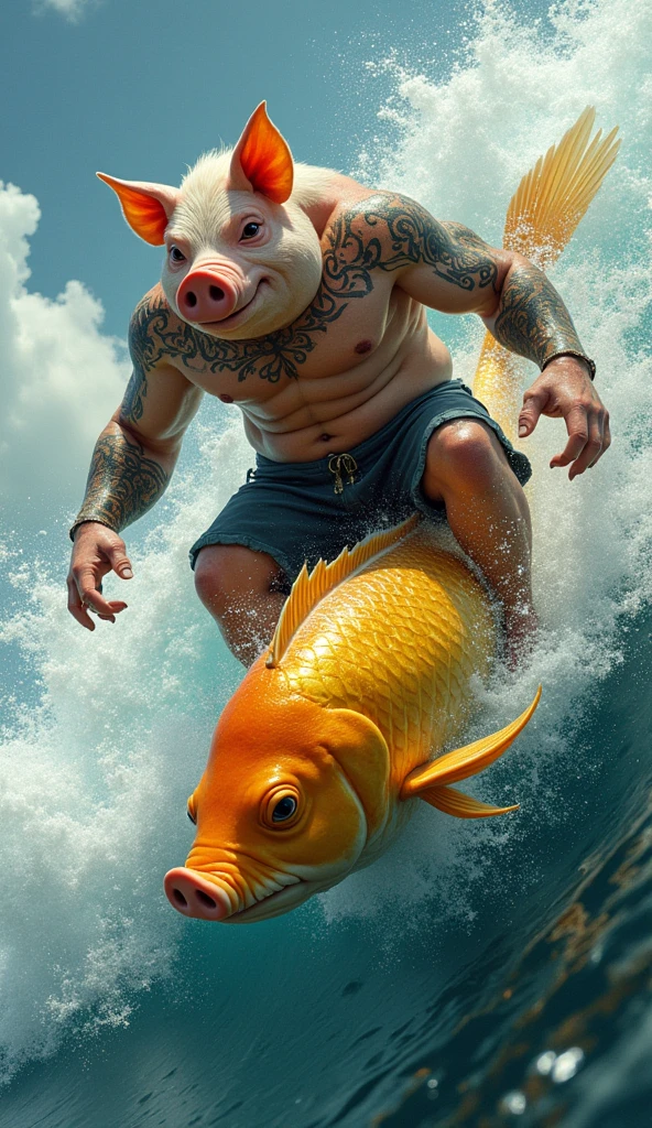 A muscular, tattooed, chesty, shirtless pig riding a giant goldfish while surfing a wave
