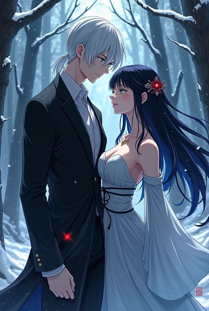 Musan Kibutsuji of the anime &quot;Kinetsu no Yaiba&quot;, hugging a light-skinned woman, high, White hair, pink lips, very light blue eyes, white clothes a long dress.