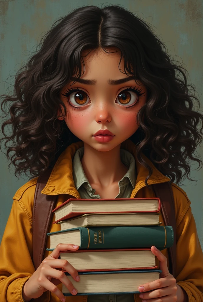Woman of , indigenous woman with curly brown hair type 4c medium, Round face, full cheeks, eyes browns, in American college clothes, dainty, with an angry look, fearful, with books in your hands