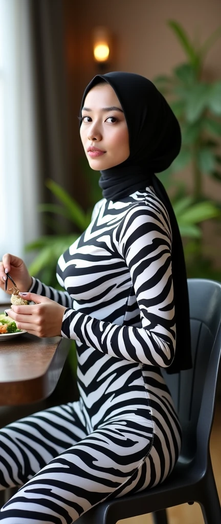 The most beautiful,thin,most pretty and clever Asian muslimah adult girl wears plains zebra lycra turtleneck unitard catsuit covered with stripes.She always wear plains zebra print lycra dancewear stretchy hijab covered with many stripes.She is sitting on the plastic chair and eats nasi ulam at the hotel.
