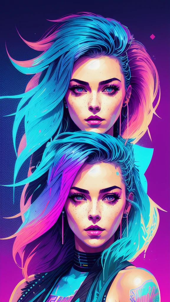 synthwaveaward winner swpunk style half-length portrait of a woman in a motel, in underwear, with teal navy blue ombre hairstyle with moving head and hair flying, paint splatter, splatter, overdrive, vaporware, shaded flat illustration, art digital, artstation trends, highly detailed, fine detail, intricate