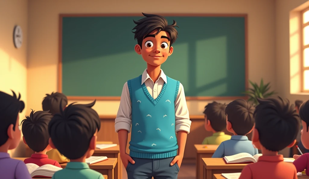 A vibrant anime-style medium shot of a young Indian student, likely between -2,standing confidently in front of a classroom, enthusiastically teaching a group of children. He wears a crisp white shirt with a relaxed collar, paired with a bright blue vest adorned with minimal white patterns, conveying a sense of authority and approachability. The classroom background is warm and inviting, with rows of wooden desks and chairs, adorned with scattered textbooks, pencils, and papers, creating a sense of liveliness and learning. The student's dark brown skin has a subtle sheen, and his expressive eyes, with a gentle smile, convey kindness and passion for teaching. His black hair is neatly combed, with a few stray strands framing his forehead. The overall atmosphere is one of warmth, engagement, and knowledge sharing.