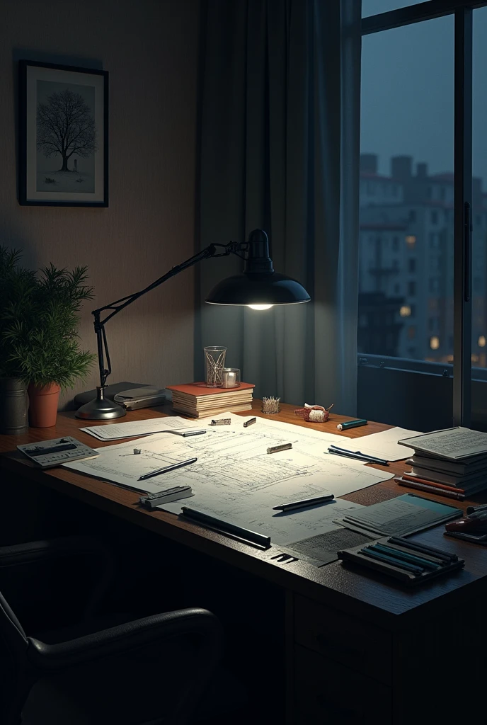 table of a busy architect without the person in the middle of the night wallpaper