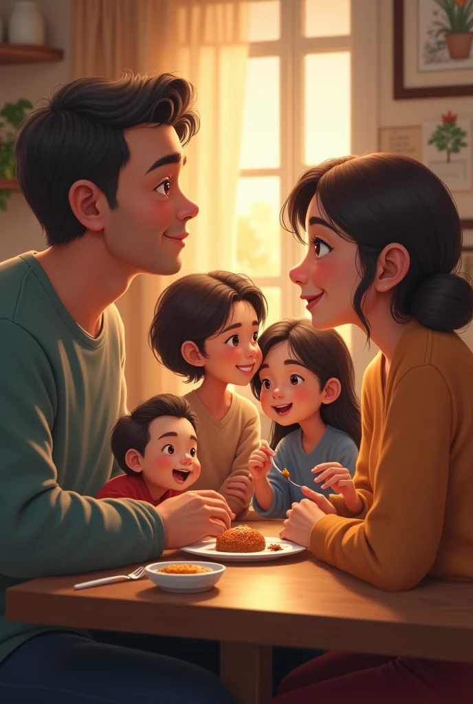husband wife with father and mother and brother and sister talking with small smile