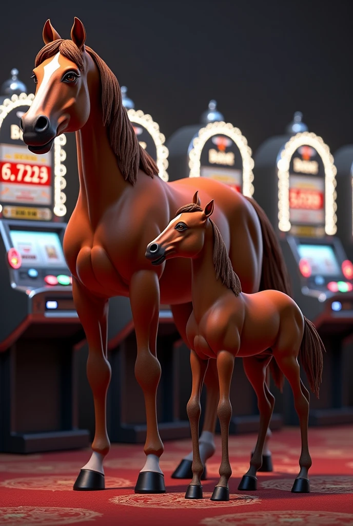 Realistic 3D animation of a mare and her foal with the name on top. " Red Chili Perdomo" with silver letters and diamonds.
Silver slot machines in the background.