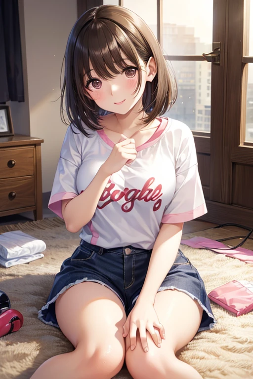 anegasaki nene、Shiny brown hair, short hair, (Beautiful brown eyes、Sparkling eyes, Fine grain)、smile、Ultra-detailed eyes、Highly detailed face, Highly detailed eyes,
Highest quality、masterpiece、High sensitivity、High resolution、Detailed Description、Slender women、He put on a Flamengo shirt and shorts. 、Sitting on the floor、Night room、Illuminate with lighting、To pink color、
、((Messy room))((Scattered rooms))、、