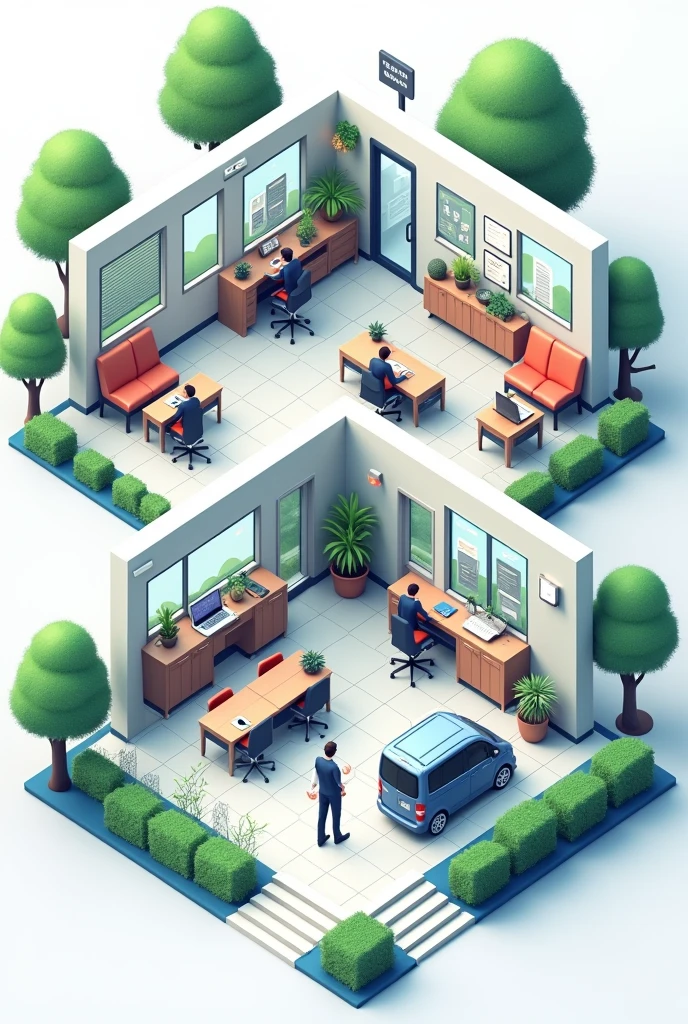 Create a mockup image of a two-tier company with a manager, receptionist, Secretary, accounting, auxiliar de accounting, waiting room, audit, employee canteen, bathrooms and parking 