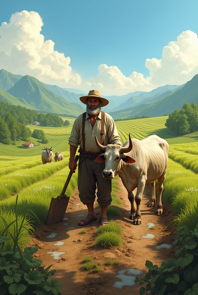 Farming man in the field ox and field 