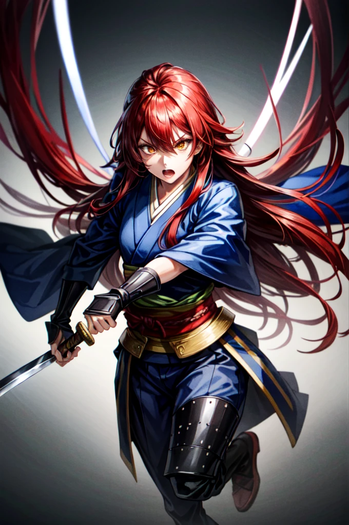 wearing armor One woman, wearing black kimono, Long Hair, red hair, golden Eyes, snake pupils, Light makeup, intense anger, tite waist, holding sharp sword, full body, big hair, hair over eye, anime, cinematic lighting, cowboy shot, UHD, retina, masterpiece, accurate, anatomically correct, textured skin, super detail, high details, high quality, award winning, best quality, highres, 8k