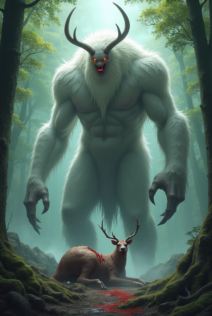 A giant monster with otherworldly apperance white body and red eyes and long hair wearing only tree clothes and two pointed horn.eating a dear and mouth cover with red blood present in dense forests with little bit of fug.