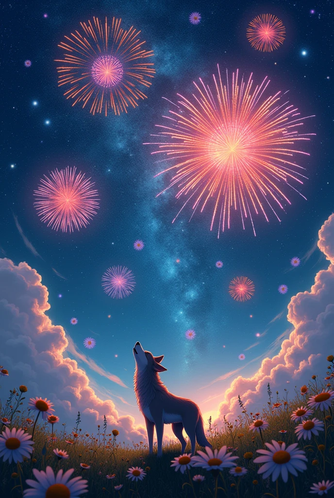 In the vast night sky,(素晴らしいfirework:1.3)It's full of colorful lights,Blooms in an instant(beautiful photo:1.2)。Wolf、Howling at the sky、色とりどりのfirework,firework,Daisy,Floating in the sky,Bright,Cheerfulness,Warm and soft lighting,evening,green,Light clouds,bar cloud、Sunflowers all around