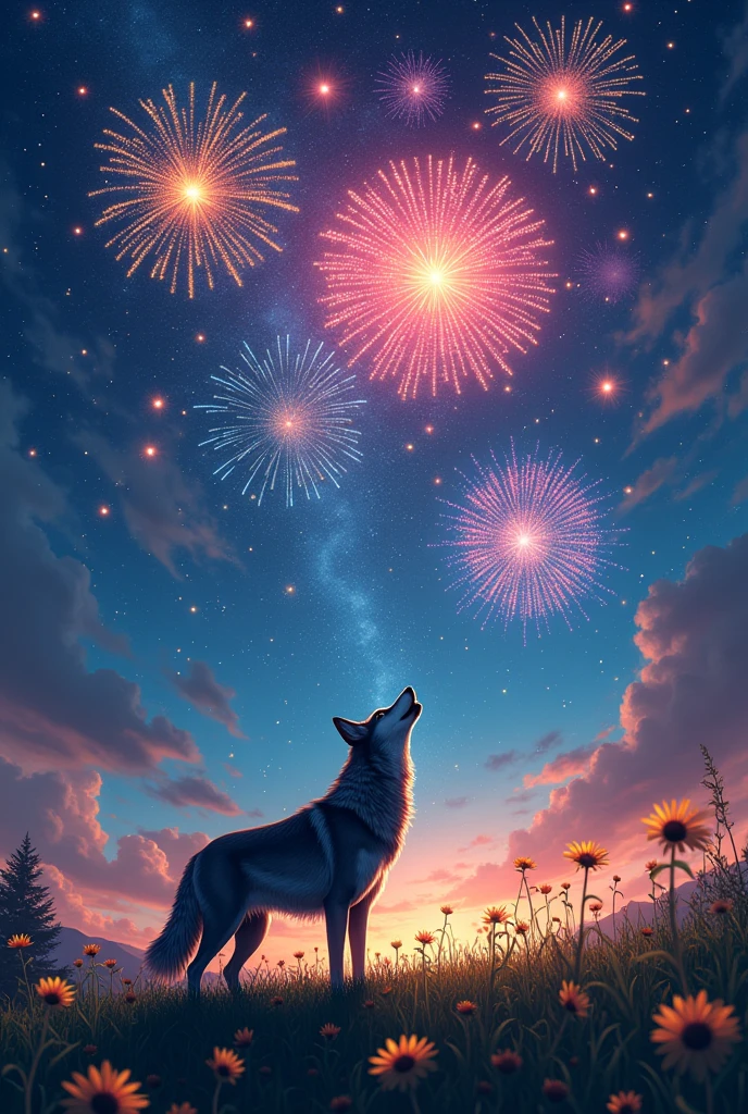 In the vast night sky，(素晴らしいfirework:1.3)It&#39;s full of colorful lights，Blooms in an instant(beautiful photo:1.2)。Wolf、Howling at the sky、色とりどりのfirework，firework，Daisy，Floating in the sky，Bright，Cheerfulness，Warm and soft lighting，evening，green，Light clouds，bar cloud、Sunflowers all around