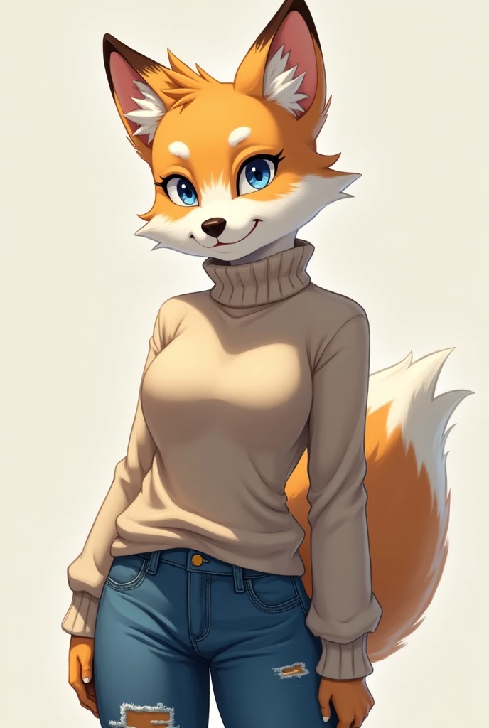 digital_media_(artwork) hi_res, score_9, score_8_up, score_7_up, score_6_up, source_furry, rating_safe, anthro, furry, female, furry female, detailed textured fur, fur tufts, french bulldog, blonde brown fur, spots, beautiful blue eyes, medium breasts, covered breasts, slim, slender, turtleneck sweater, denim jeans, smile, SFW,