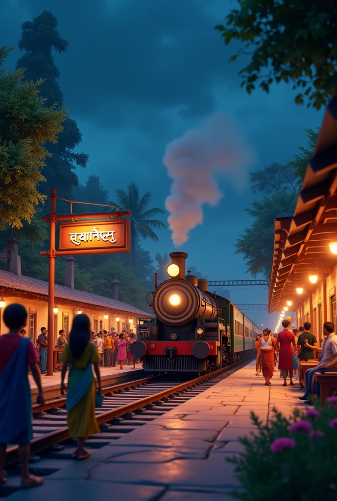 "Create a cinematic 3D Cartoon style "Create a railway station in 3D style, its name is Raghunathpur, there are flowers, trees and plants all around, the train is coming, passengers are waiting for the train and it is night time, there are lights too. station Name रघुनाथपुर showing on board.