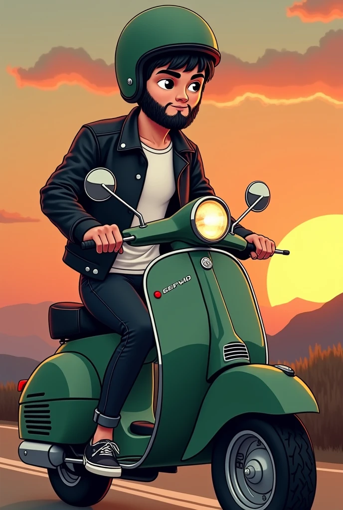 Image of a cartoon-type boy on a classic dark green matte Vespa motorbike, the boy has a full black beard , thin eyebrows, black eyes, short black hair short straight, square face, the photo in a background landscape with a sunset, Biker photo type the guy with a leather jacket and a white t-shirt inside, The black leather jacket half open revealing the t-shirt, black jeans and vans style shoes , the thin boy. He has black rings on both ring fingers of his hands.. With a vintage helmet of the same color as the motorcycle