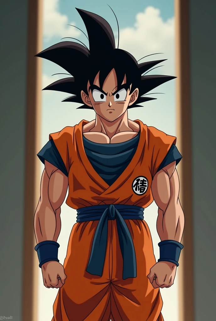 Draw Goku in a room looking at the viewer