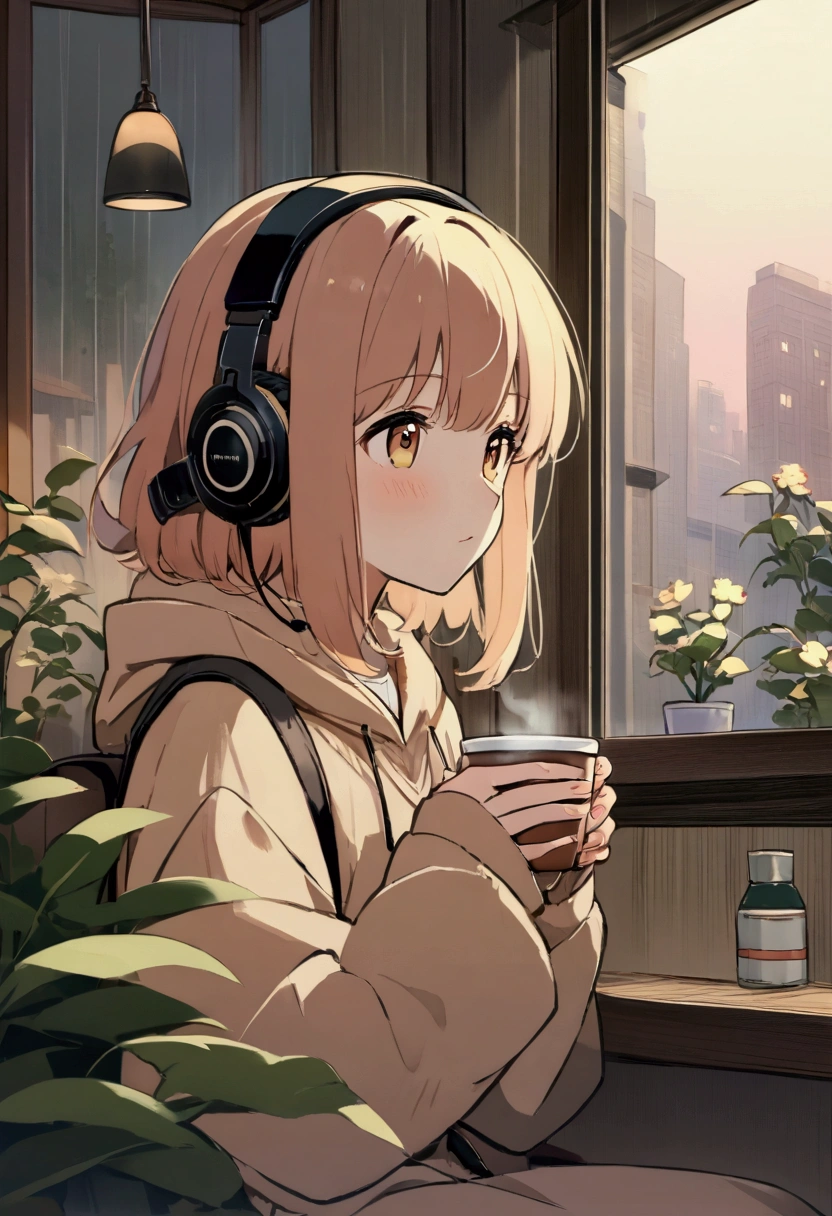 Chica anime tomando un café en una cafetería urbana: anime girl, sitting by the window of a cozy café, sipping coffee, soft evening light outside, city lights starting to glow, calm and quiet atmosphere, headphones on, relaxed expression, Lo-Fi aesthetic, light rain tapping on the window, warm tones, plants hanging by the window --ar 16:9 --v 5 --no other people.