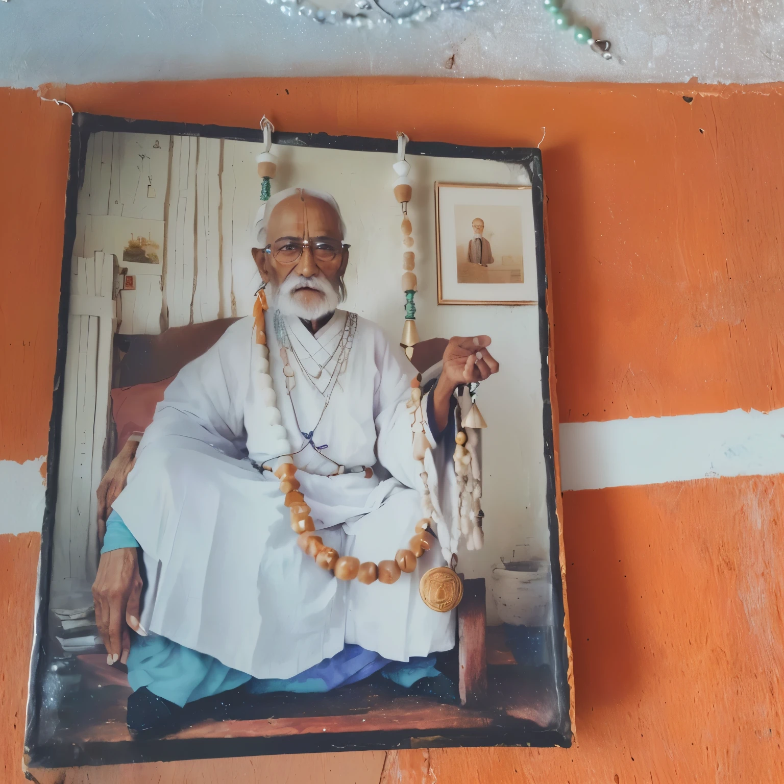 there is a picture of a man with a necklace on a wall, he is about 7 0 years old, glass beads clay amulets, by Bapu, he is about 8 0 years old, he is about 60 years old, he is about 6 0 years old, close up shot of an amulet, clay amulets, a photo of a man