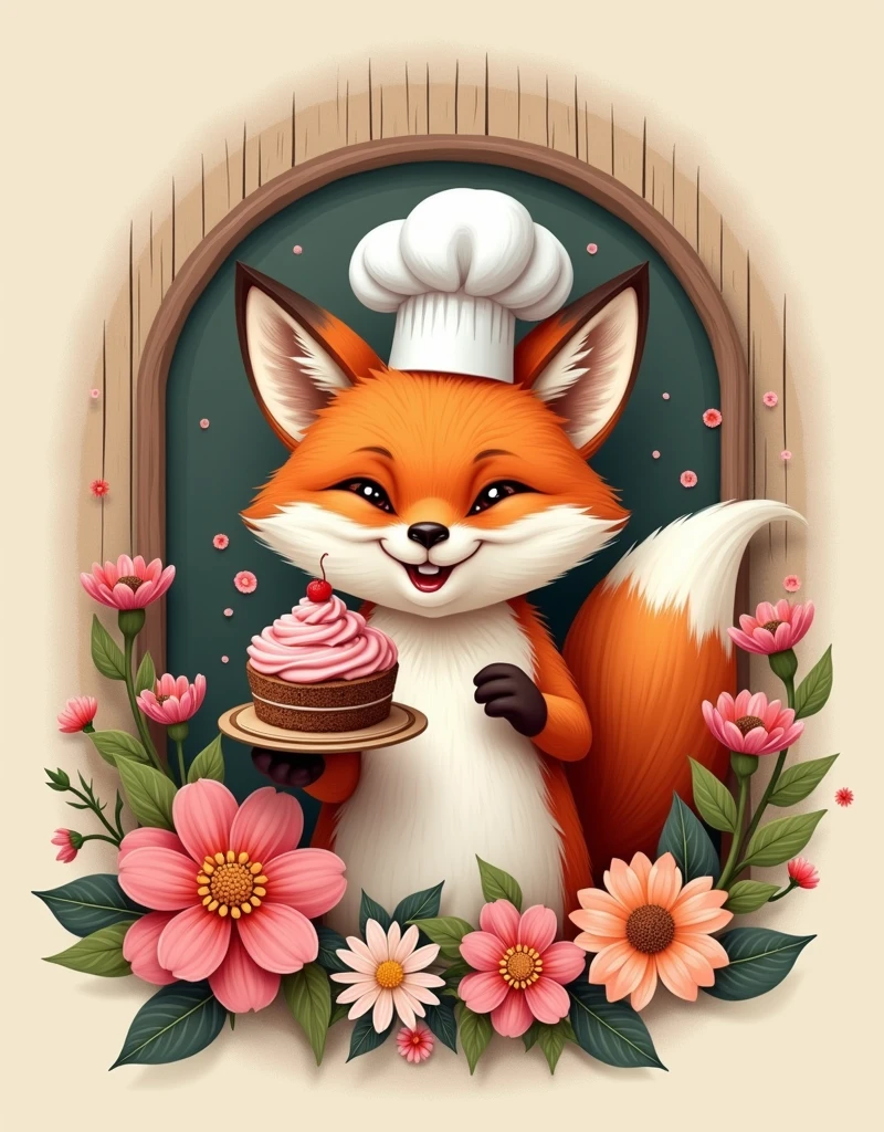 create a logo, flowers, fox with chef&#39;s hat, holding cake in jar, creative, Wood
