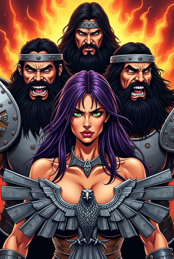 Illustration for a poster to promote a heavy metal band concert, with two barbarian warriors with black hair and eyes and steel armor and an imposing female warrior with an angry expression, ready for battle, with purple hair and green eyes, wearing a necklace with a pendant in the shape of a steel eagle with open wings, between the two warriors, with fire behind them, in the style of 80&#39;s comic books, in the dimensions used for Instagram posts, with the title of the event The Alliance of Metal with the letters in metallic gray with black shadows, in the middle of the poster