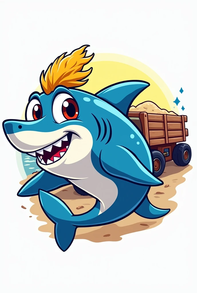 a logo with an animated shark in blue and white colors with yellow corn hair near a truck carrying sand

