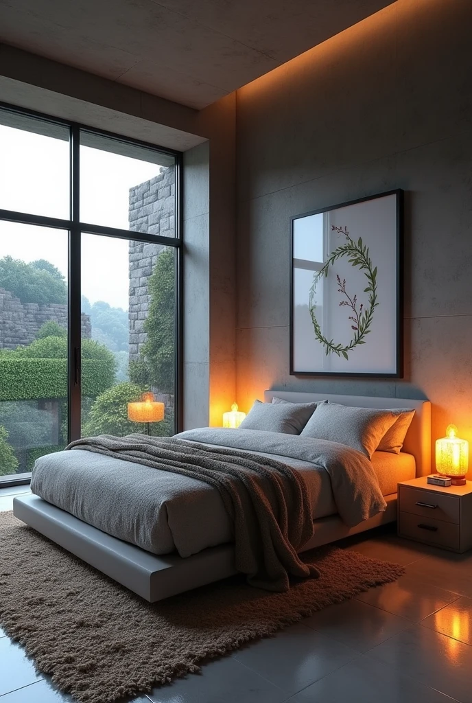 Imagine a Minecraft inspired bedroom, with a modern touch and an almost realistic bed. Here are some ideas for your unique room:

building materials: Use concrete or stone blocks for walls and floor.
Big windows: Add large windows with clear glass to let in natural light.
detailed bed: Build a bed with realistic details, like a quilt and cushions.
Minimalist furniture: Opt for simple and geometric furniture, like a nightstand and a lamp.
Ambient lighting: Place torches or lamps to create a cozy atmosphere.