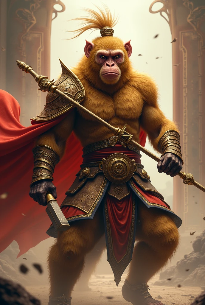 Sun wukong, a muscular man with ape face, golden fur, in golden and brown full-body dynasty armor, two antenna-like plumes headdress, wielding a long metal bo stick with gold on two edges, red flowing cape, dynamic pose, fantasy vibe,