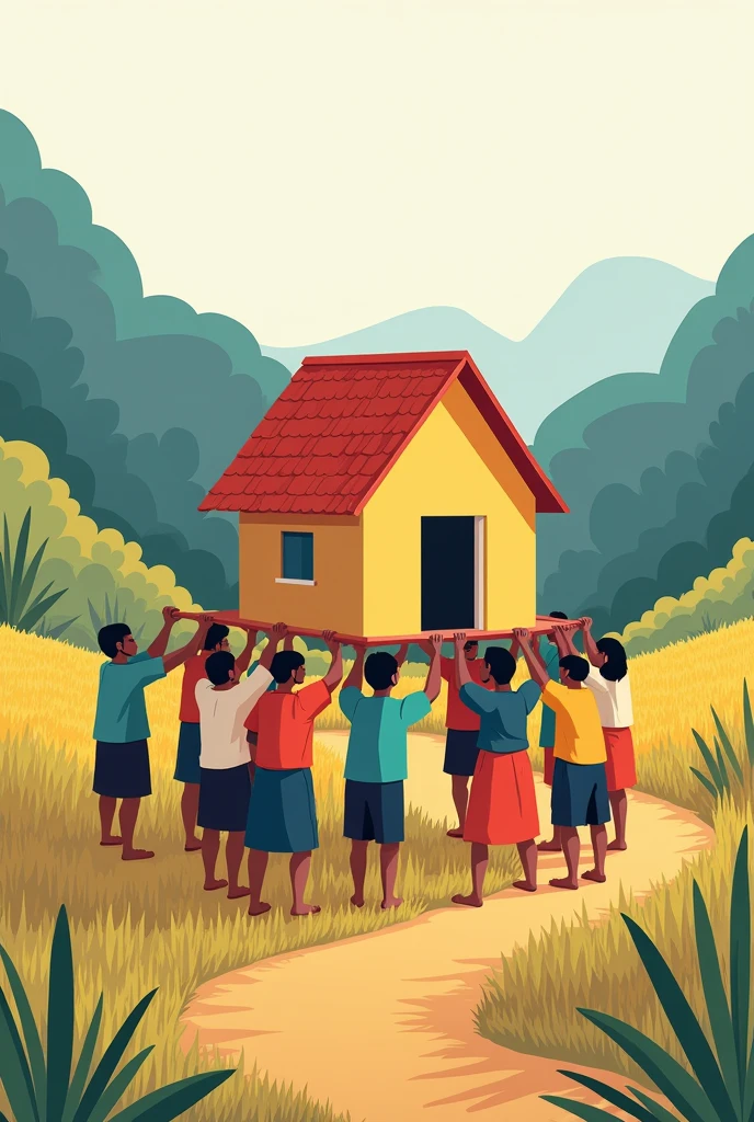 1. **Theme**: Depict the traditional Filipino value of community and cooperation, known as "Bayanihan," where neighbors help each other, often illustrated by a group carrying a house together.
2. **Elements**:
- **Line**: Use lines to create movement in your drawing, showing the dynamic action of people working together.
- **Color**: Incorporate vibrant colors that represent the Filipino culture, such as the colors of the Philippine flag (blue, red, yellow) and other bright hues found in traditional clothing.
- **Shape**: Utilize various shapes to represent the figures of the people, the house, and the environment.
3. **Principles**:
- **Balance**: Achieve balance by evenly distributing the figures and elements in the artwork, creating a harmonious composition.
- **Contrast**: Use contrast between the bright colors of the clothing and the more subdued colors of the environment to draw attention to the figures and emphasize the action.
Make it like animated and simple make it landscape image and make it like it's easy to draw because I'll draw it