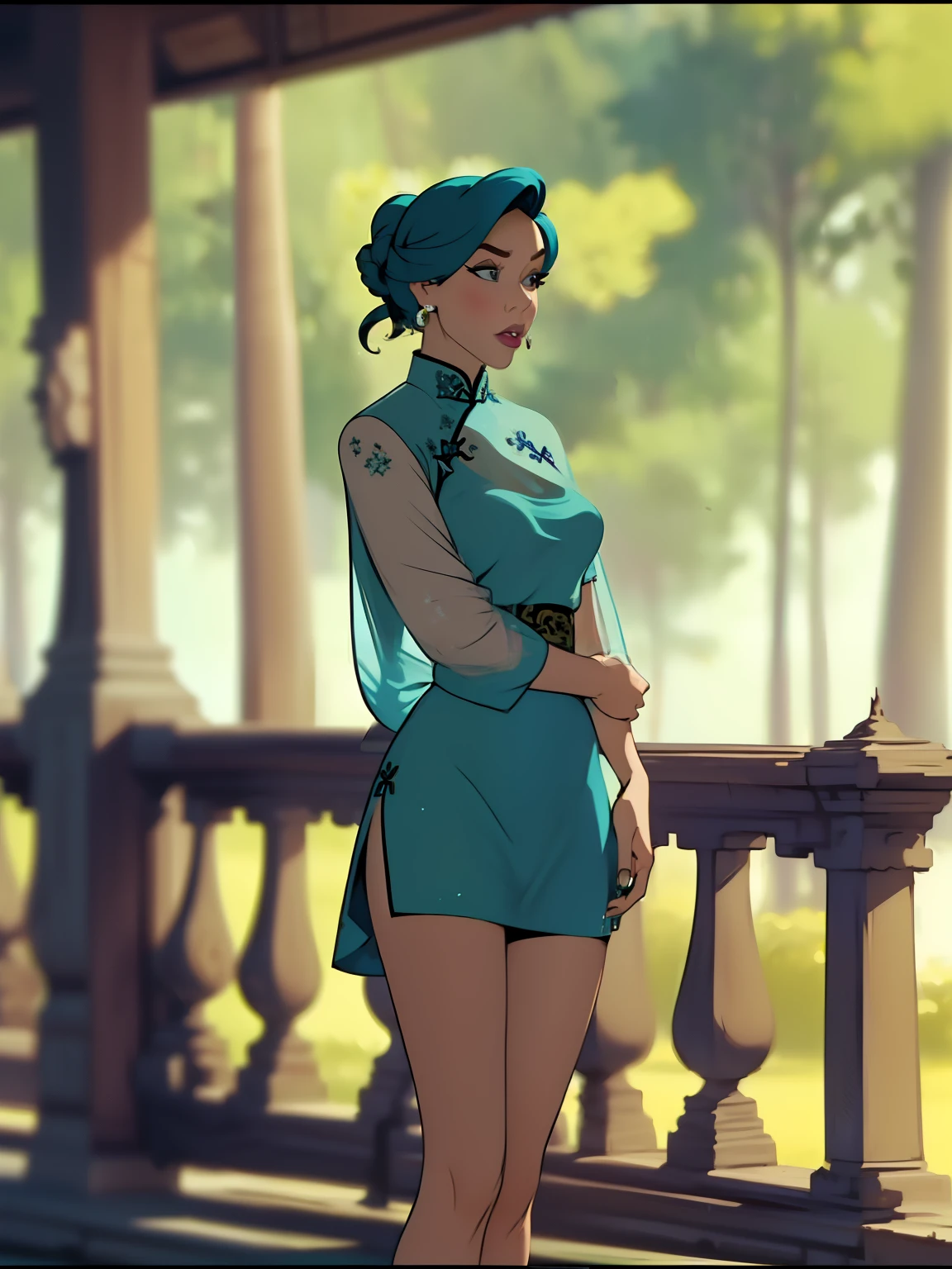 ((Best Quality)), ((Masterpiece)) 2 women 2, stylish, danastasia (( full figure view)) ((  standing with crossed legs ))  ((( transparent turquoise short skirt cheongsam ))) hi-res, accurate anatomy, (cinematic light:1.1)
