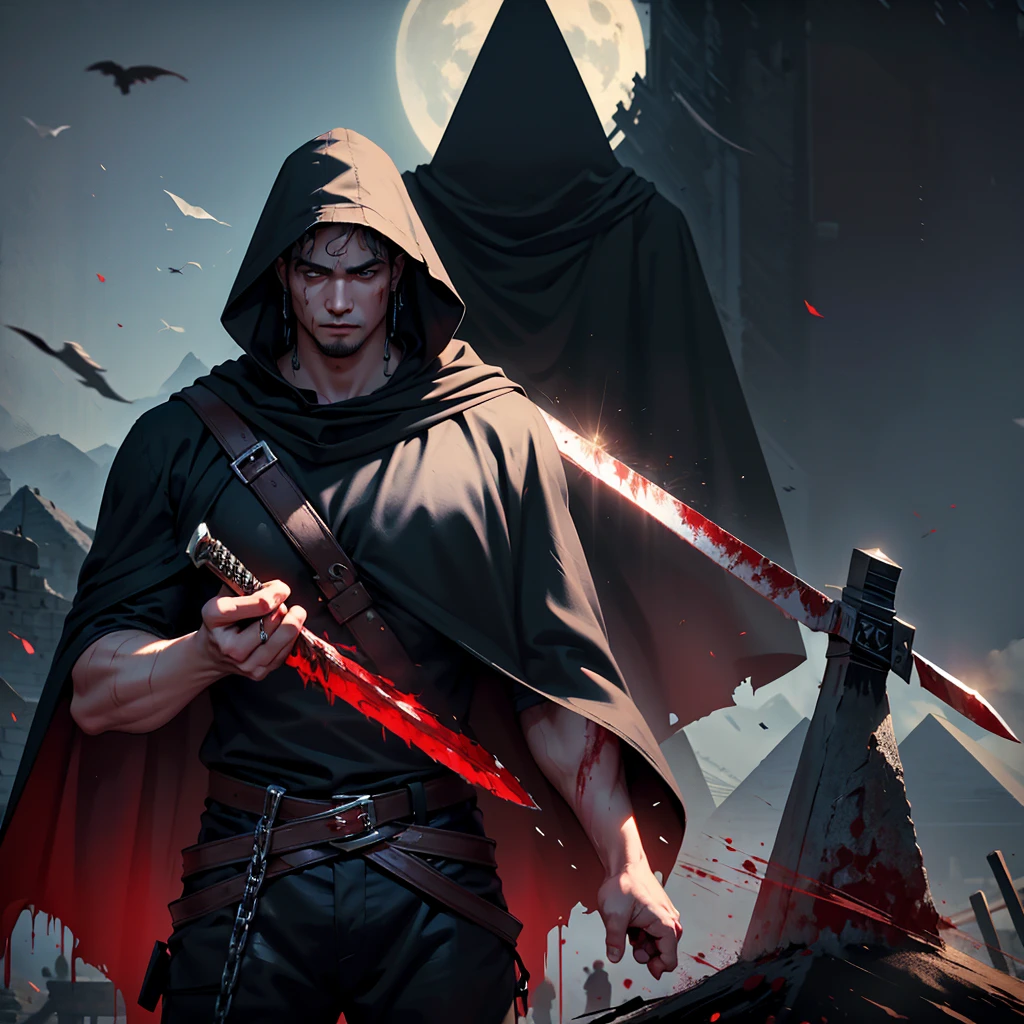 Strong tall guy, looking at viewer, hands behind back, giant saw sword, blood on the clothes and all over the sword. an iron pyramid hat with small, ancient writing covering the entire head down to the neck, black shirt and pants, torn black cape with blood, blood on the clothes, blood on the accessory.