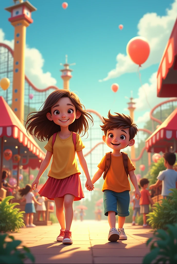 cinematic cartoon poster about girl and a boy holding hands at amusement park.