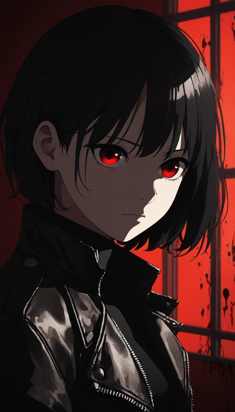 Anime girl with (short black hair:1.1), black turtleneck long sleeve, black format pants, leather jacket with zipper, (silhouetted against a red, window-lit hallway:1.3), mysterious aura, dramatic shading, high contrast, intense and somber mood, (text overlay: ".is you.":1.1), close up shot on person, psychological thriller vibe, bulging eyes, serious face, traumatized, woman with blood on her face, blood stains in clothes, she looking a mirror, (shadowed face with a hint of light on eyes:1.2), dark, suspenseful atmosphere. interrogation room with one burning lamp,